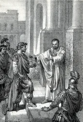 The archbishop Saint Ambrose of Milan (Aurelius Ambrosius, Ambrogio di Milano (340-397) prohibited the entrance of the church to roman emperor Theodosius I (Flavius Theodosius) (347-395) to punish him for the massacre of Thessalonica in 390 - Excommunicati