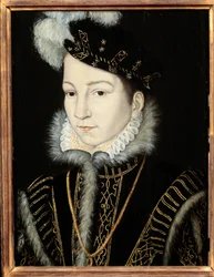 フランス王シャルル9世（1550年〜1574年）の肖像。フランソワ・クルエ（1515-1572）のアトリエ、1555年頃。木に油彩。ディム：0,32 x 0,23m。木に油彩。- フランス王シャルル9世（1550-1574）の肖像。フランソワ・クルエ（1515-1572）の工房、1555年頃。O