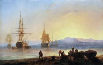 地中海の姉妹と船。 Francois Pierre BARRY (1813-1905) による絵画。 キャンバスに油彩。 薄暗い: 29.5x46cm。 必須の言及: コレクション財団は、マルセイユ、プロヴァンスを尊重します