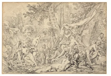 ダイアナとカリスト（紙に黒チョーク）