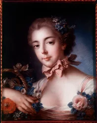 花籠に寄りかかった若い女性の肖像。フランソワ・ブーシェ（1703-1770）のパステル画