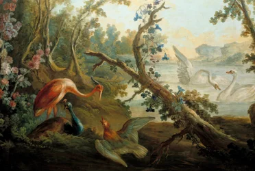 白鳥と孔雀。フランソワ・ブーシェ（1703-1770）による絵画、18世紀、パリ、カルナヴァレ美術館