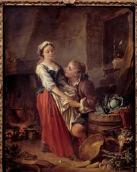 厨房での美しい料理人シーンガランテ。フランソワ・ブーシェ（1703-1770）による絵画。1738年 パリコニャック博物館 ジェイ