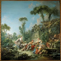牧歌的な羊飼いの情景の牧歌。フランソワ・ブーシェ（1703-1770）による絵画、1768年。カンヴァス。2.4 x 2.37 m。ニューヨーク。メトロポリタン美術館