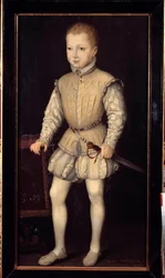 ナバラ公アンリ4世（1553-1610）の肖像 1557年に両親とパリに滞在した際の4歳の子供、当時のナバラ公 絵画：フランソワ・ブネル2世（1552年頃-1599年以前）。1557.薄暗い。1,25x0,64 m. Versailles, Castles of Versaille