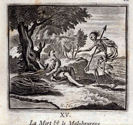 死と不幸。ジャン・ド・ラ・フォンテーヌ（1621-95）の寓話。挿絵はフランソワ・ショーボー（1613-1676）。1728年の版。