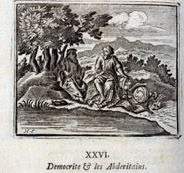 デモクリットとアブデリタンたち。ジャン・ド・ラ・フォンテーヌ（1621-95）の寓話。挿絵はフランソワ・ショーボー（1613-1676）。1728年の版。