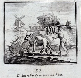 ライオンの皮をかぶったロバ。ジャン・ド・ラ・フォンテーヌ（1621-95）の寓話。挿絵はフランソワ・ショーボー（1613-1676）。1728年の版。
