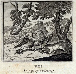 鷲とカタツムリジャン・ド・ラ・フォンテーヌ（1621-95）の寓話。挿絵はフランソワ・ショーボー（1613-1676）。1728年の版。