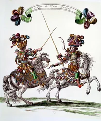 1662年にルイ14世（1638-1715）が王太子の誕生を祝うためにチュイルリーに贈ったカルーセル（回転木馬）の中のインディアン・エキュイエとページ。フランソワ・ショーボー（1613-1676）によるエングレーヴィング 17世紀 個人蔵