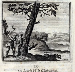 ジャン・ド・ラ・フォンテーヌ（1621-95）の『ネズミと猫のヒュアン』寓話。フランソワ・ショーボー（1613-1676）によるイラスト。1728年の版。