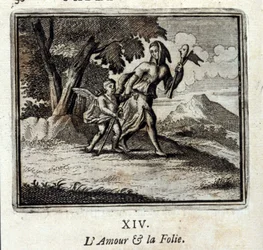 愛と狂気。ジャン・ド・ラ・フォンテーヌ（1621-95）の寓話。挿絵はフランソワ・ショーボー（1613-1676）。1728年の版。