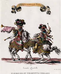 ルイ14世（1639-1715）から贈られたカルーセル（回転木馬）中のペルシャのティンバリエとトランペット フランソワ・ショーボー（1613-1676）によるエングレーヴィング 1662年頃 個人蔵