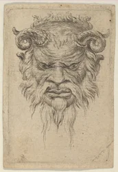 Divers Masques より、カールした角が見下ろすサテュロス マスク。 1635-45。