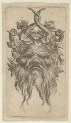 鉤状の角とツタの花輪を持つサテュロス マスク、ダイバーズ マスクス、カリフォルニア州。 1635-45。