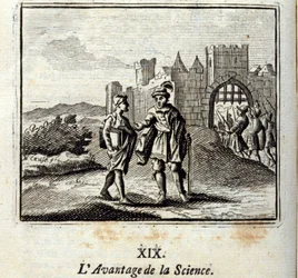 ジャン・ド・ラ・フォンテーヌ（1621-95）の寓話「科学の利点」。挿絵はFrançois Chauveau（1613-1676）。1728年の版。