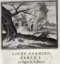 シガールと蟻。ジャン・ド・ラ・フォンテーヌ（1621-95）の寓話。挿絵はフランソワ・ショーボー（1613-1676）。1728年の版。
