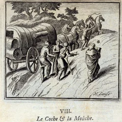 コシェとハエ。ジャン・ド・ラ・フォンテーヌ（1621-95）の寓話。挿絵はフランソワ・ショーボー（1613-1676）。1728年の版。