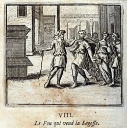 知恵を売るフー。ジャン・ド・ラ・フォンテーヌ（1621-95）の寓話。挿絵はフランソワ・ショーボー（1613-1676）。1728年の版。