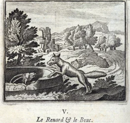 ジャン・ド・ラ・フォンテーヌ（1621-95）の寓話『キツネとボウシ』。挿絵はフランソワ・ショーボー（1613-1676）。1728年の版。