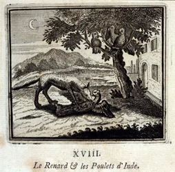 インドのキツネとニワトリ」。ジャン・ド・ラ・フォンテーヌ（1621-95）の寓話。挿絵はフランソワ・ショーボー（1613-1676）。1728年の版。