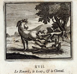 狐と狼と馬。ジャン・ド・ラ・フォンテーヌ（1621-95）の寓話。挿絵はフランソワ・ショーボー（1613-1676）。1728年の版。