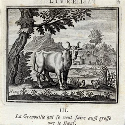 牛肉のように大きくなりたいカエル。ジャン・ド・ラ・フォンテーヌ（1621-95）の寓話。挿絵はフランソワ・ショーボー（1613-1676）。1728年の版。