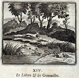 リーヴルとカエル。ジャン・ド・ラ・フォンテーヌ（1621-95）の寓話。挿絵はフランソワ・ショーボー（1613-1676）。1728年の版。