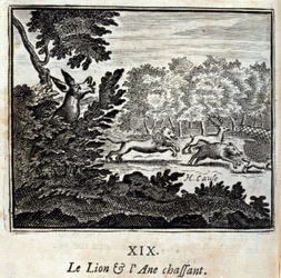 ライオンとロバの狩り。ジャン・ド・ラ・フォンテーヌ（1621-95）の寓話。挿絵はフランソワ・ショーボー（1613-1676）。1728年の版。