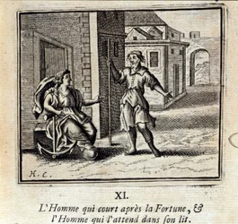 フォーチュンを追いかけて走る男と、ベッドで待つ男。ジャン・ド・ラ・フォンテーヌ（1621-95）の寓話。挿絵はフランソワ・ショーボー（1613-1676）。1728年の版。