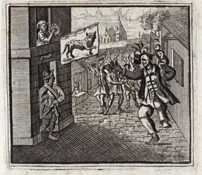 猿と豹。ジャン・ド・ラ・フォンテーヌ（1621-95）の寓話。挿絵はフランソワ・ショーボー（1613-1676）。1728年の版。