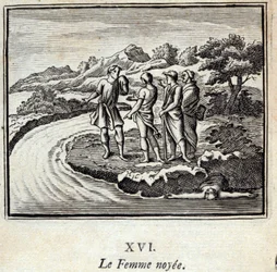 ノワイエの女」。ジャン・ド・ラ・フォンテーヌ（1621-95）の寓話。挿絵はフランソワ・ショーボー（1613-1676）。1728年の版。