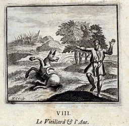 老人とロバジャン・ド・ラ・フォンテーヌ（1621-95）の寓話。挿絵はフランソワ・ショーボー（1613-1676）。1728年の版。