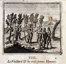 老人と3人の若者。ジャン・ド・ラ・フォンテーヌ（1621-95）の寓話。挿絵はフランソワ・ショーボー（1613-1676）。1728年の版。