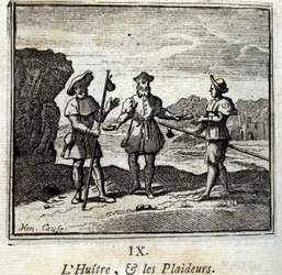 牡蠣と訴訟者たちジャン・ド・ラ・フォンテーヌ（1621-95）の寓話。挿絵はフランソワ・ショーボー（1613-1676）。1728年の版。