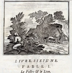 パトラとライオン。ジャン・ド・ラ・フォンテーヌ（1621-95）の寓話。挿絵はフランソワ・ショーボー（1613-1676）。1728年の版。