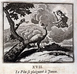 ユノに不平を言う孔雀。ジャン・ド・ラ・フォンテーヌ（1621-95）の寓話。フランソワ・ショーヴォー（1613-1676）による挿絵。1728年版。