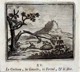 カラス、ガゼル、カメ、ネズミ。ジャン・ド・ラ・フォンテーヌ（1621-95）の寓話。挿絵はフランソワ・ショーボー（1613-1676）。1728年の版。