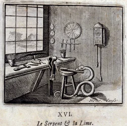ジャン・ド・ラ・フォンテーヌ（1621-95）の寓話「蛇と石灰」。挿絵はFrançois Chauveau（1613-1676）。1728年の版。
