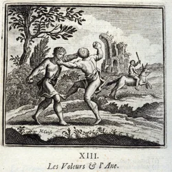 ジャン・ド・ラ・フォンテーヌ（1621-95）の寓話『盗賊とアネ』。挿絵はフランソワ・ショーボー（1613-1676）。1728年の版。