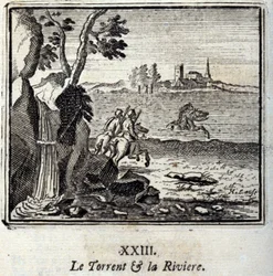 トレントとリヴィエール。ジャン・ド・ラ・フォンテーヌ（1621-95）の寓話。挿絵はフランソワ・ショーボー（1613-1676）。1728年の版。