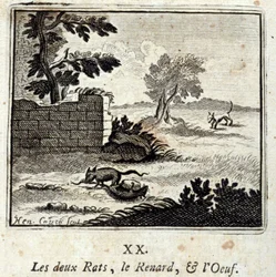 二匹のネズミとキツネとタマゴ。ジャン・ド・ラ・フォンテーヌ（1621-95）の寓話。挿絵はフランソワ・ショーボー（1613-1676）。1728年の版。