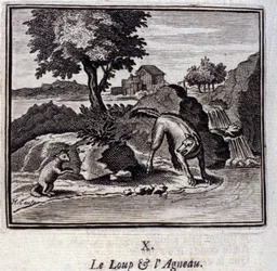 狼と子羊。ジャン・ド・ラ・フォンテーヌ（1621-95）の寓話。挿絵はフランソワ・ショーボー（1613-1676）。1728年の版。