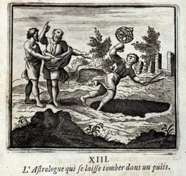 井戸に落ちる占星術師。ジャン・ド・ラ・フォンテーヌ（1621-95）の寓話。挿絵はフランソワ・ショーボー（1613-1676）。1728年の版。