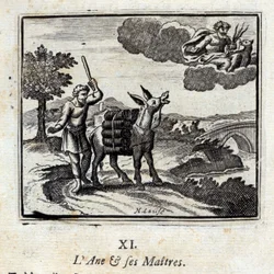 ロバとその主人たちジャン・ド・ラ・フォンテーヌ（1621-95）の寓話。挿絵はフランソワ・ショーボー（1613-1676）。1728年の版。