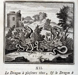 竜にはいくつもの頭があり、竜にはいくつもの尾がある。ジャン・ド・ラ・フォンテーヌ(1621-95)の寓話。挿絵はフランソワ・ショーボー（1613-1676）。1728年の版。