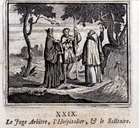 裁判官はホスピタリテとソリティアを審判する。ジャン・ド・ラ・フォンテーヌ（1621-95）の寓話。挿絵はフランソワ・ショーボー（1613-1676）。1728年の版。