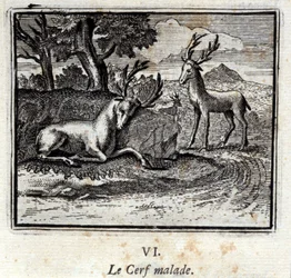 病気の鹿。ジャン・ド・ラ・フォンテーヌ（1621-95）の寓話。挿絵はフランソワ・ショーボー（1613-1676）。1728年の版。