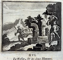 会計係と二人の男。ジャン・ド・ラ・フォンテーヌ（1621-95）の寓話。挿絵はフランソワ・ショーボー（1613-1676）。1728年の版。