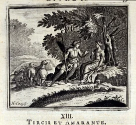 チルシスとアマランスジャン・ド・ラ・フォンテーヌ（1621-95）の寓話。挿絵はフランソワ・ショーボー（1613-1676）。1728年の版。
